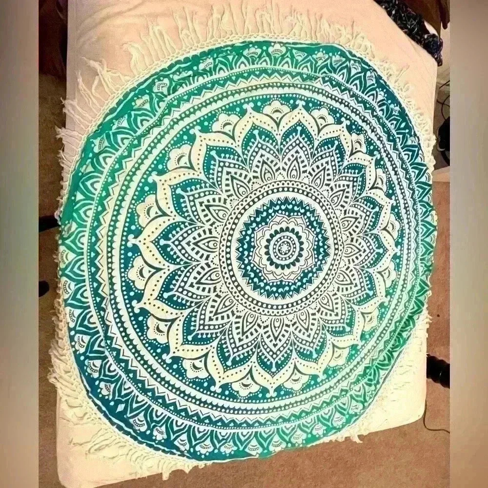 Ombré Blue Green White Indian Round Mandala Beach Throw Tablecloth wall Deco